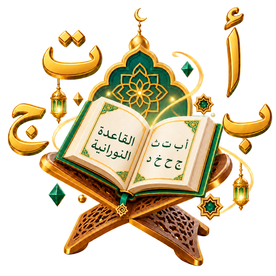 An open Quran book on a wooden stand representing Quran and Nûrânî Kâide learning